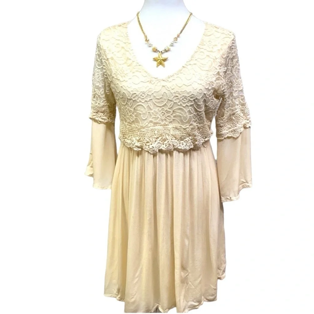 Zanzea Boho Cream Lace Bell Sleeves Dress - Picture 2 of 5